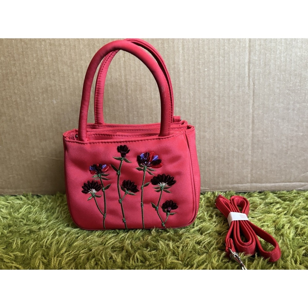 Red Satin Embroidered Floral Mini Handbag Purse Detachable Strap Crossbody Tote